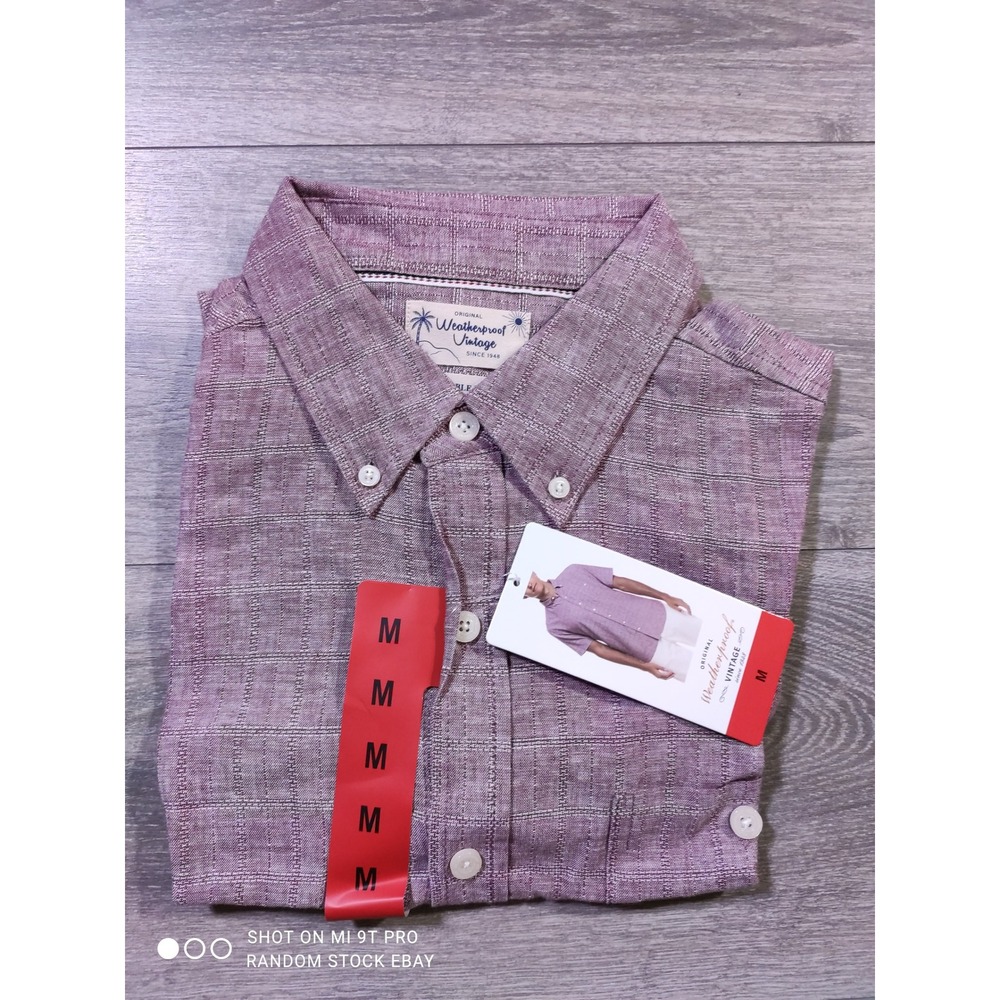 Weatherproof Vintage Mens Washable Linen Short Sleeve Button Down Shirt Red M